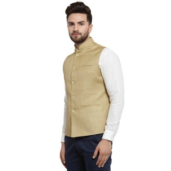 Sleeveless Traditional Jute Fabric Beige Nehru Jacket by Treemoda - Picture 2 of 5